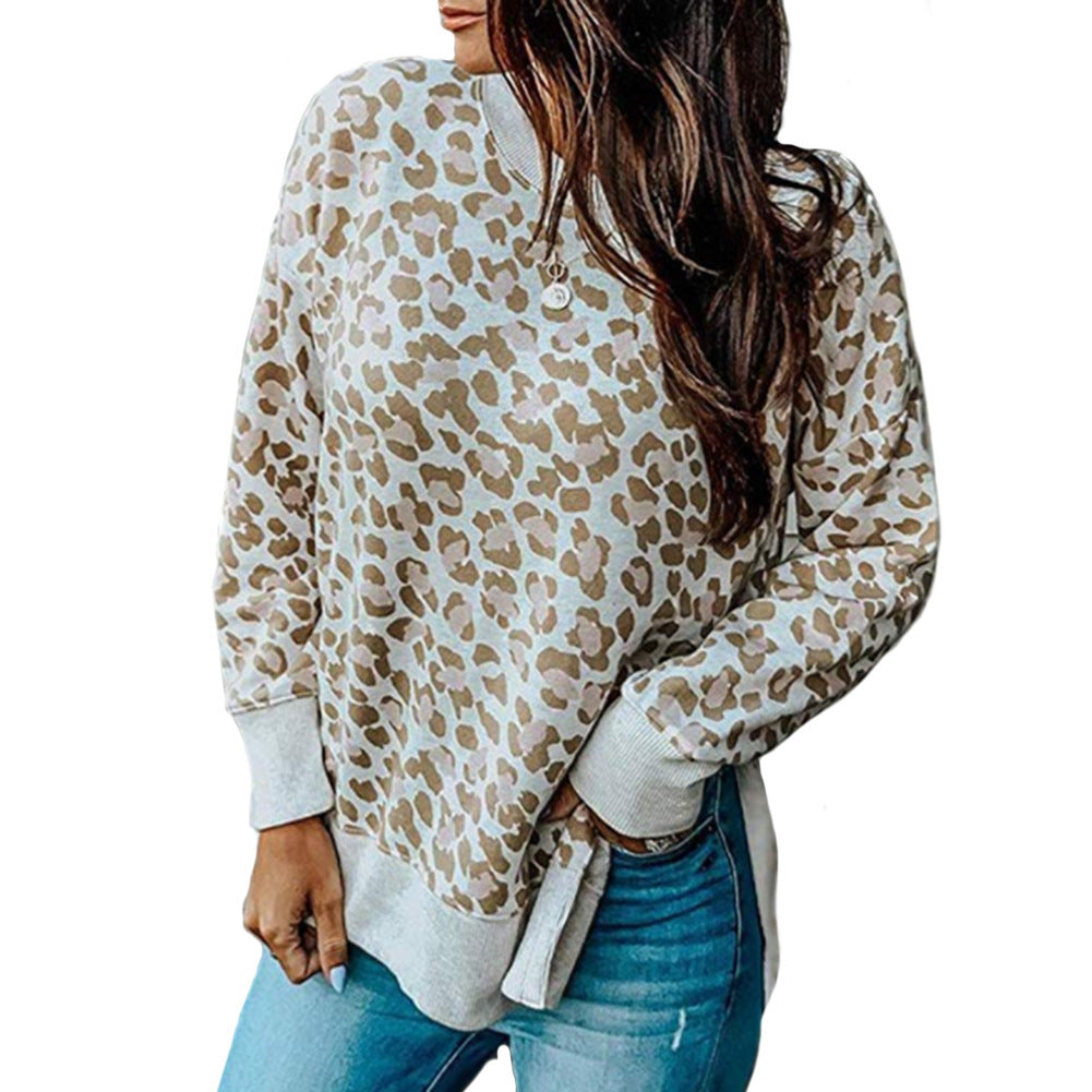 Leopard print round neck irregular long-sleeved blouse
