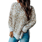 Leopard print round neck irregular long-sleeved blouse