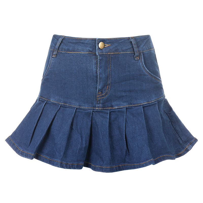 Jupe en jean taille haute à volants de style européen et américain