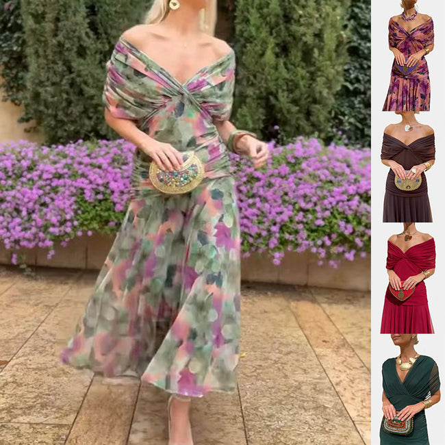 Chiffon Short-sleeved Dress Summer Fashion Print V-neck Long Dress, Women's Clothing Hover Image