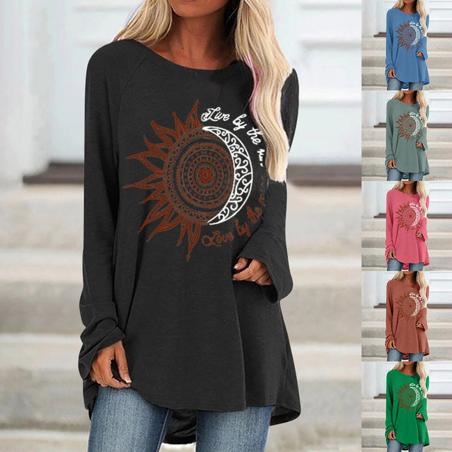 Loose round neck sun flower letter print long sleeve T-shirt Hover Image
