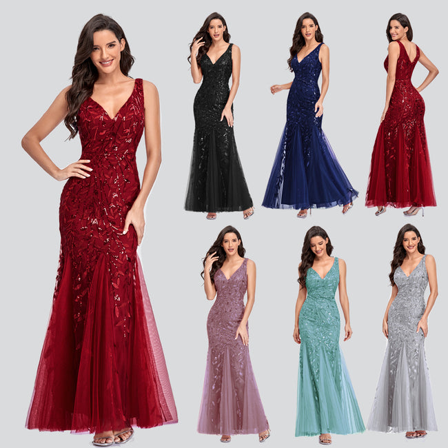 Sexy Long Dress Sleeveless V-neck Embroidered Sequin Slim Mermaid Dress Main Image