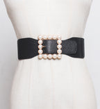 Pearl buckle black wide waist women