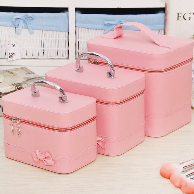 Cosmetic Case Women's Bag Bow Large Capacity Fashion Storage Box Cute Simple Portable Travel Makeup Pu Bag Hover Image