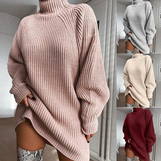 Solid Turtleneck Long Sweater Winter Warm Women Sweater Dress Hover Image