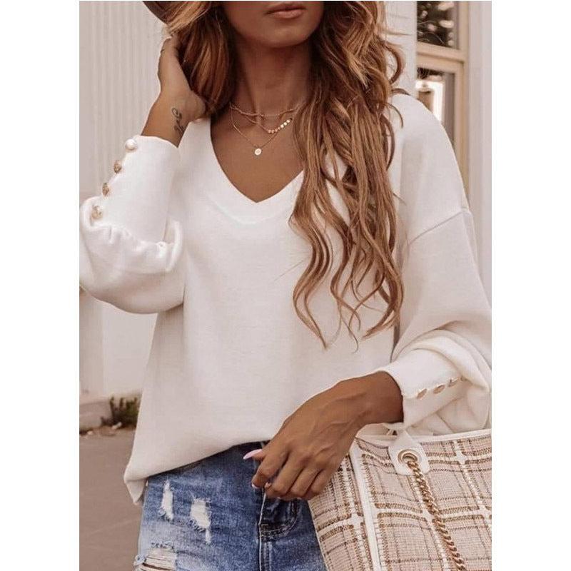Solid Color Button Long Sleeve V-neck T-shirt Women
