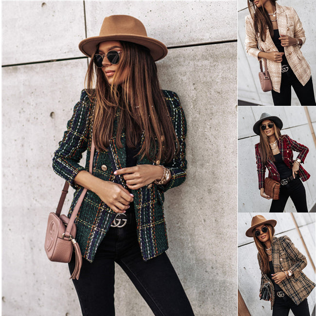 Long-sleeve Double-breasted Blazer-collar Print Jacket Hover Image
