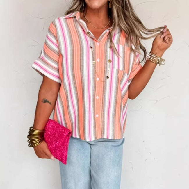 Personalized Striped Print Short-sleeve Summer Blouse For Women Hover Image
