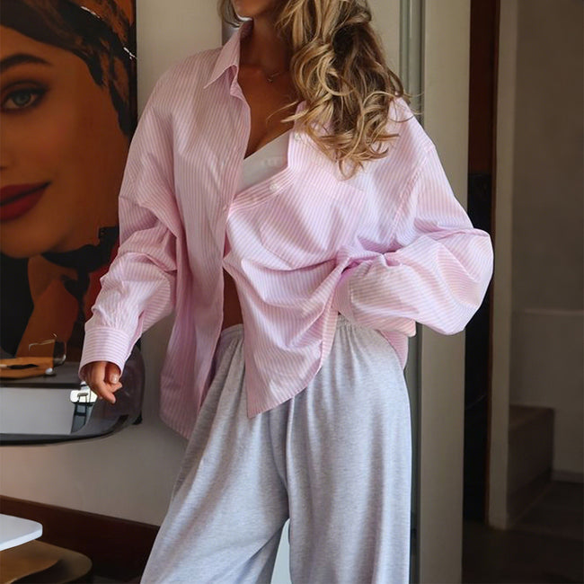 Striped Button Long Sleeve Cardigan Shirt Women Main Image
