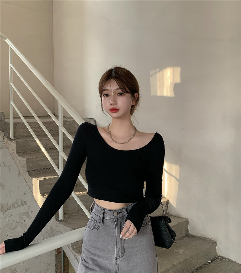 Sexy halter cross white t-shirt women autumn tight-fitting long-sleeved bottoming shirt
