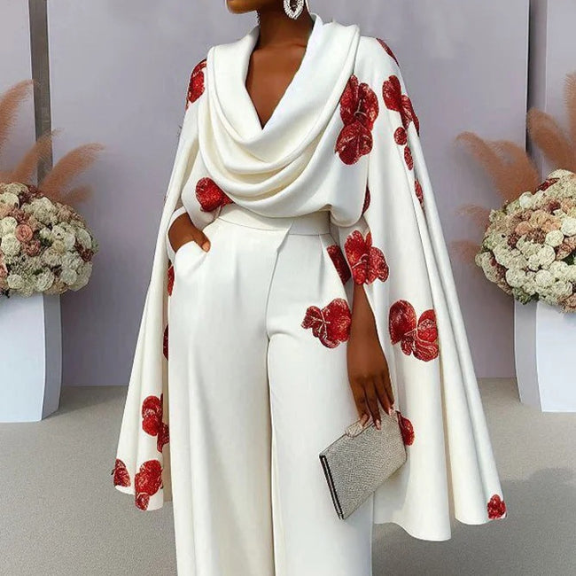 Printed Heap Collar Long Sleeves Two-piece Set Trousers Suit Main Image