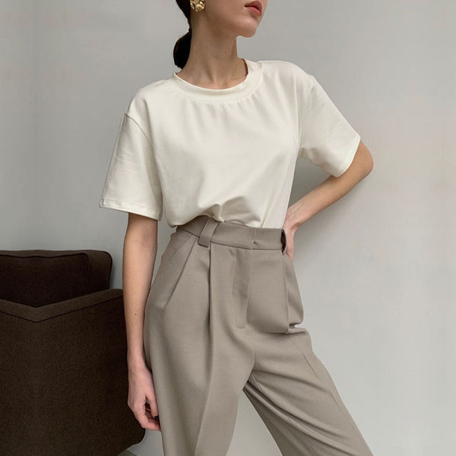 Summer Knitted Basic Solid T-shirt Women Casual Cotto Main Image