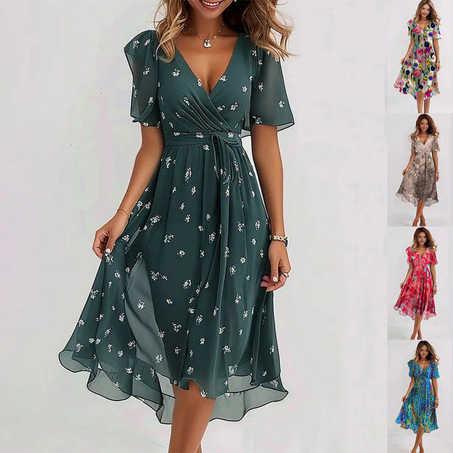 Chiffon Printed Short Sleeve Dress Summer Elegant V-neck Dresses Womens Clothing Hover Image
