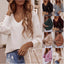 Solid Color Button Long Sleeve V-neck T-shirt Women