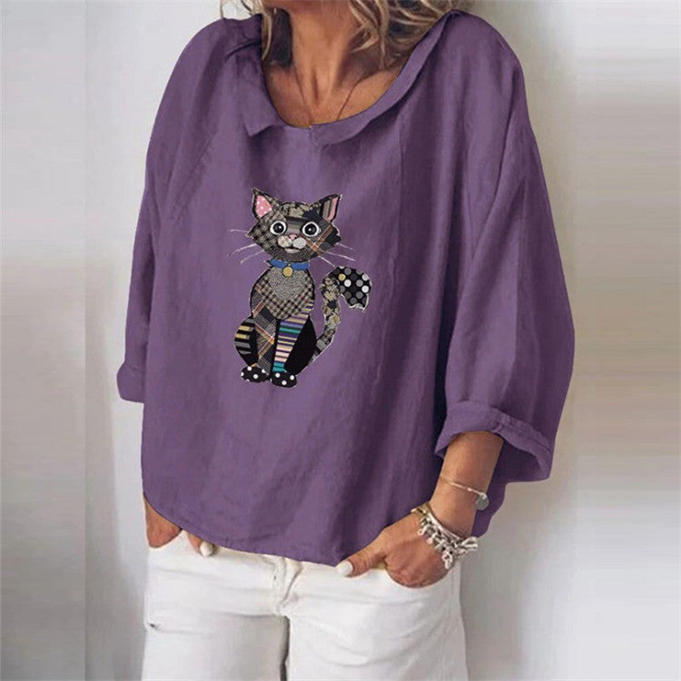Linen loose Lapel long sleeve shirt for women