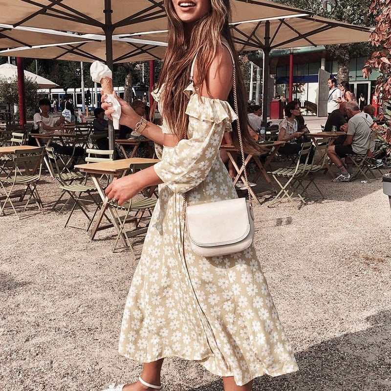 Slim ruffle dress with floral off-the-shoulder A-line dress