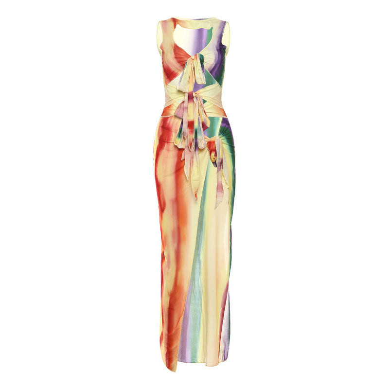 Gradient Printing Lace-up High Slit Dress Women