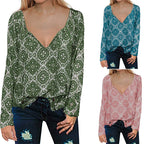 Printed V-Neck Long-Sleeved Drawstring Shirt Top Women