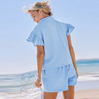 Solid Color Casual Suit Women's European And American Fashion All-match Pleated Sleeve Two-piece Set