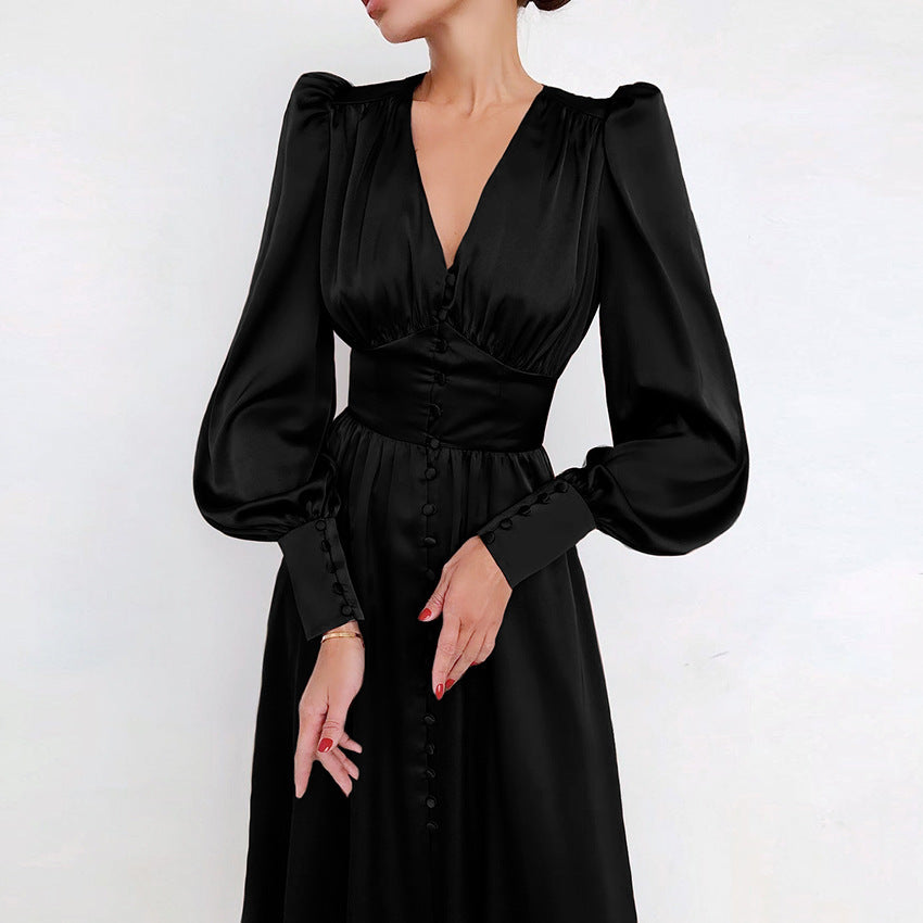 Lantern Sleeves Waist Slimming Slim Dress