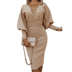 Pure Color High Waist Long Sleeve Knitted Dress