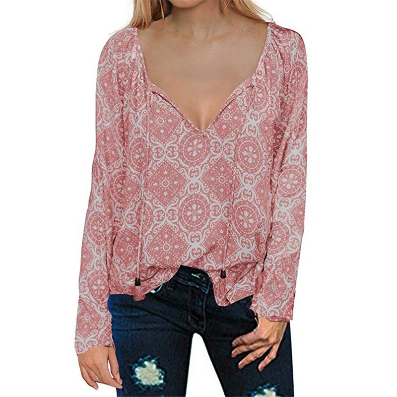 Printed V-Neck Long-Sleeved Drawstring Shirt Top Women