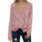 Printed V-Neck Long-Sleeved Drawstring Shirt Top Women