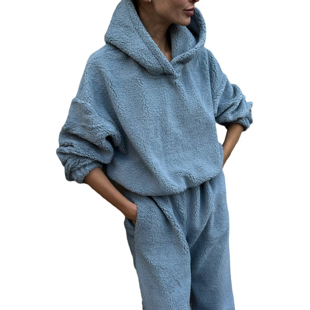 Polar Fleece Round Neck Pullover Long Sleeve Two-piece Set Smart Trousers Suit