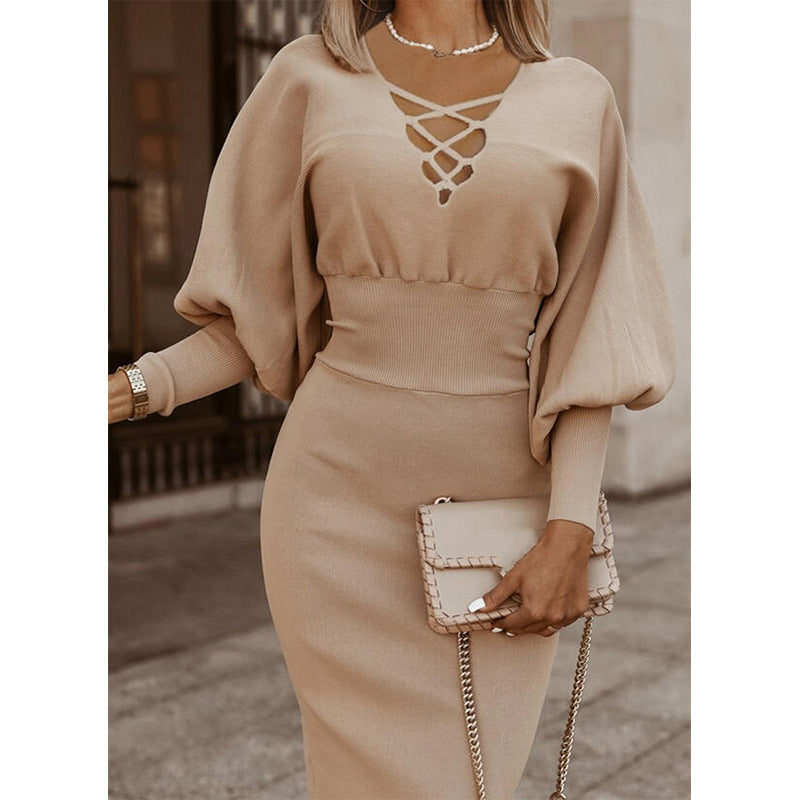 Pure Color High Waist Long Sleeve Knitted Dress