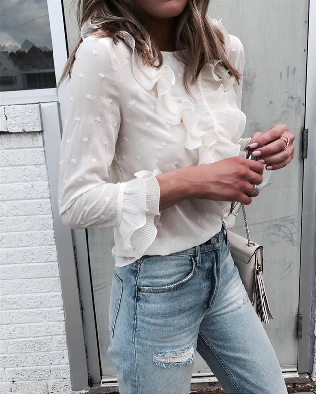Feitong Women Ladies Blouses And Tops Casual Ruffles Lace Polka Dot O Neck Shirt Long Sleeve Blouse blusas mujer de moda Hover Image