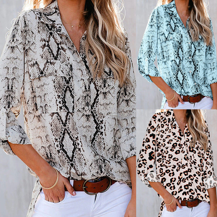 Leopard Print Three-Quarter Sleeve Shirt Women