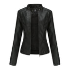 Women's Zip-up Leather Jackets Fashion Solid Color Pockets Stand Collar Top Outwear Clothing