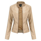 Women's Zip-up Leather Jackets Fashion Solid Color Pockets Stand Collar Top Outwear Clothing