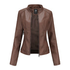 Women's Zip-up Leather Jackets Fashion Solid Color Pockets Stand Collar Top Outwear Clothing