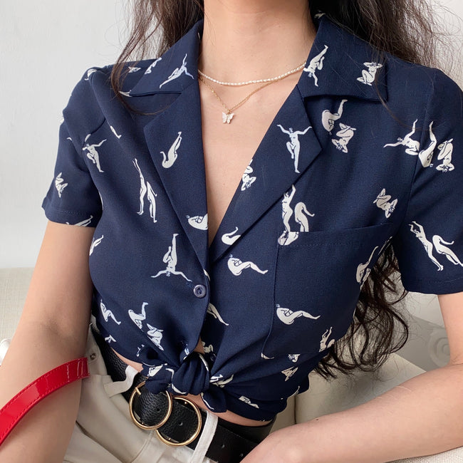 Printed Lapel Short-sleeved Shirt Women Loose Hover Image