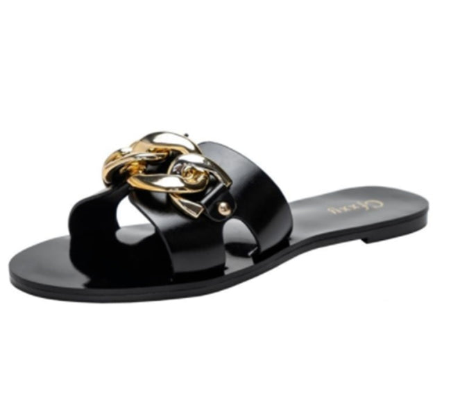 European and American Fashion Metal Chain Flat Heel Sandals Women Hover Image