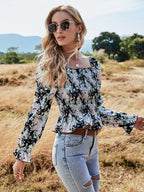 Chiffon Digital Printed Elastic Waist Floral Tight-Fitting Slimming Blouse Women