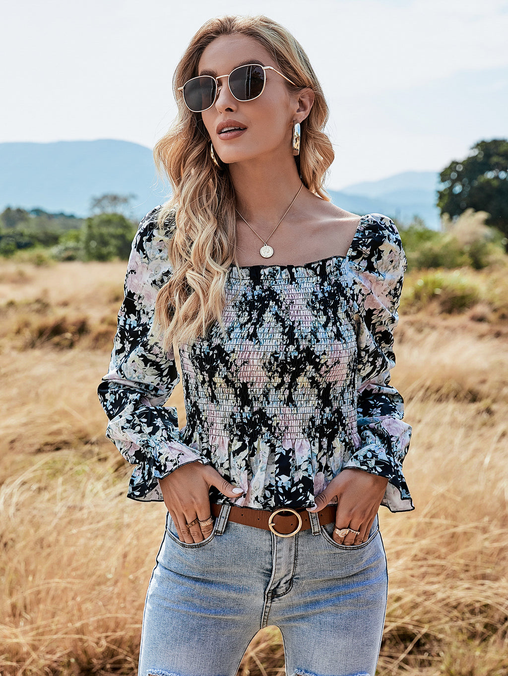 Chiffon Digital Printed Elastic Waist Floral Tight-Fitting Slimming Blouse Women
