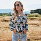 Chiffon Digital Printed Elastic Waist Floral Tight-Fitting Slimming Blouse Women