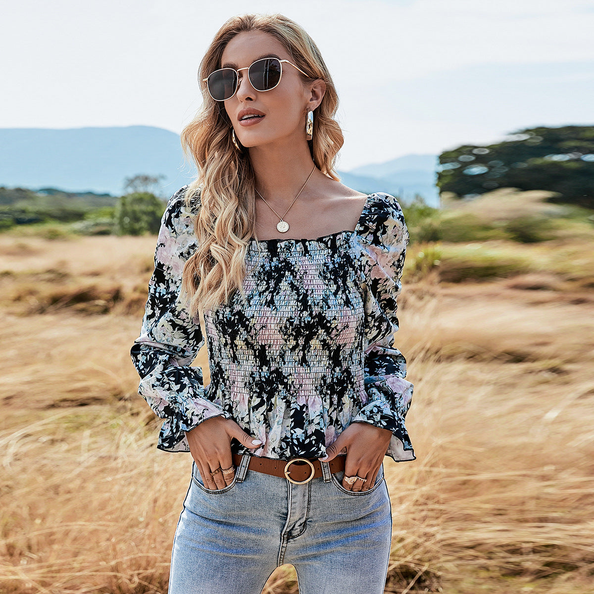 Chiffon Digital Printed Elastic Waist Floral Tight-Fitting Slimming Blouse Women