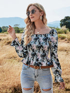 Chiffon Digital Printed Elastic Waist Floral Tight-Fitting Slimming Blouse Women