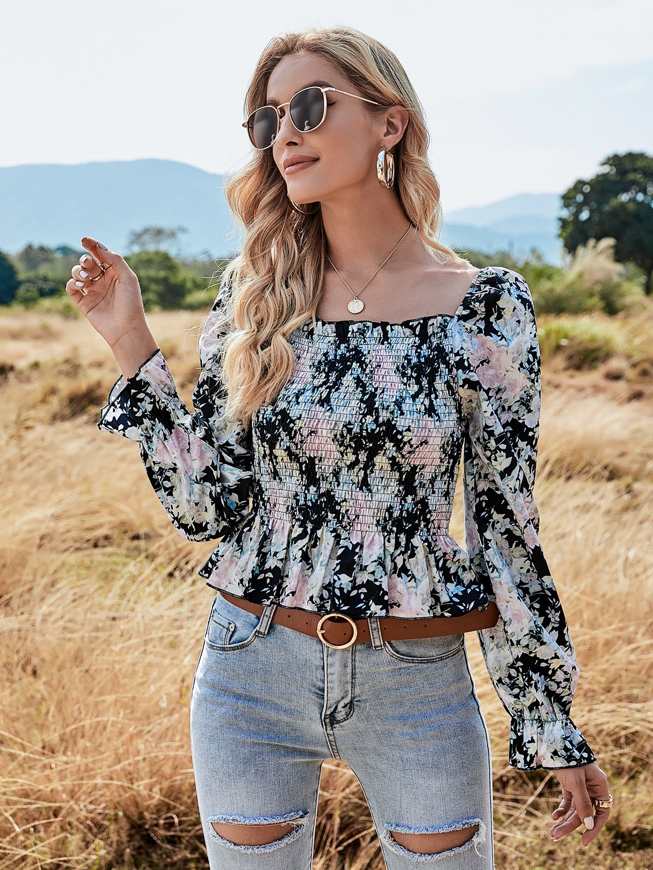 Chiffon Digital Printed Elastic Waist Floral Tight-Fitting Slimming Blouse Women
