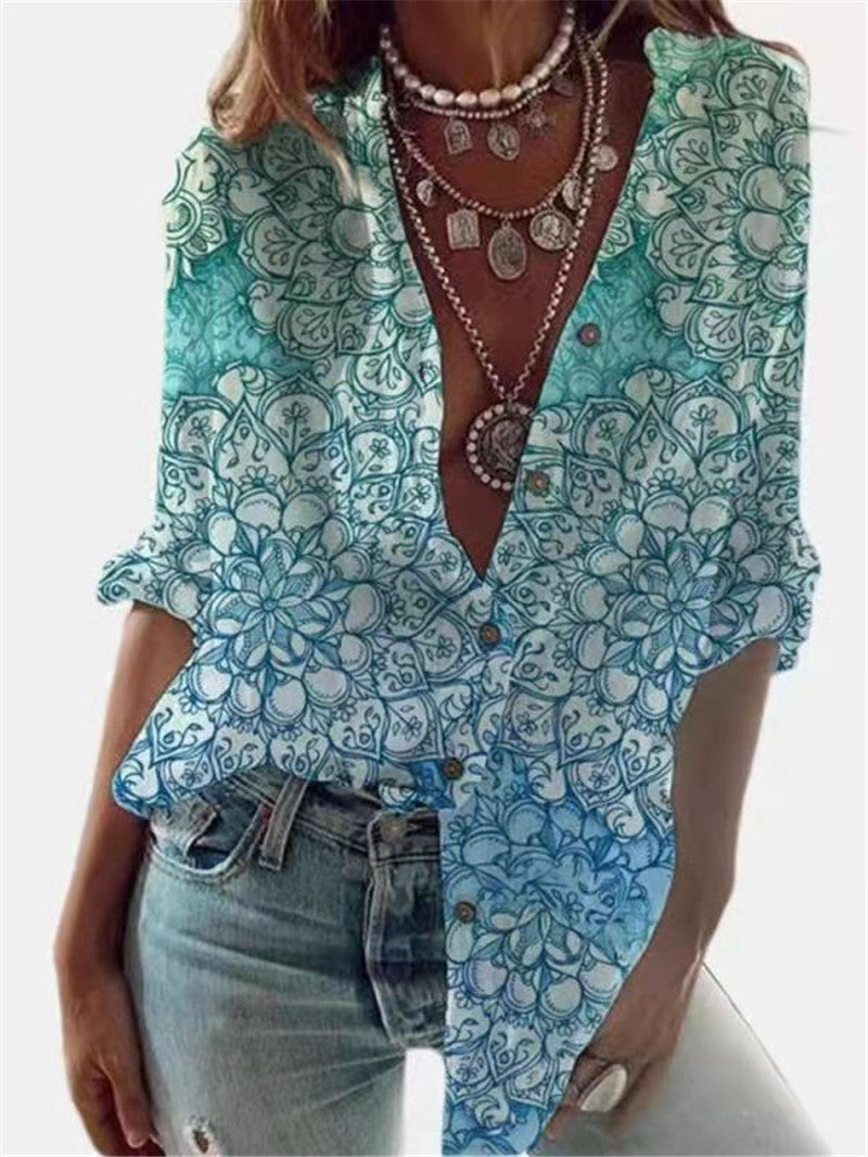 European and American Women's Long Blouse Digital Printing Fashion Long-sleeved Shirt