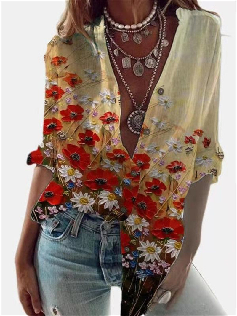 European and American Women's Long Blouse Digital Printing Fashion Long-sleeved Shirt