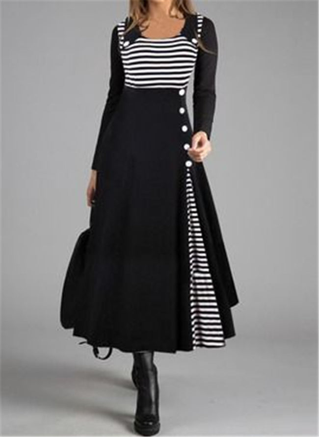 Striped Stitching Long-sleeved Doll Collar and Large Hem Dress Main Image