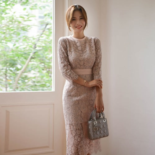 Round Neck Lace Up Waist Hip Dress