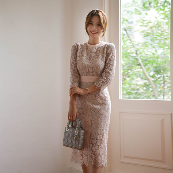 Round Neck Lace Up Waist Hip Dress