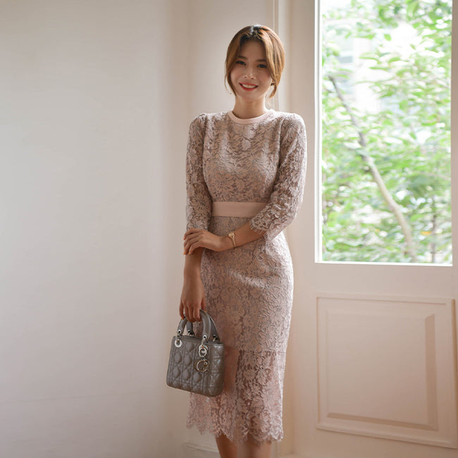 Round Neck Lace Up Waist Hip Dress Hover Image