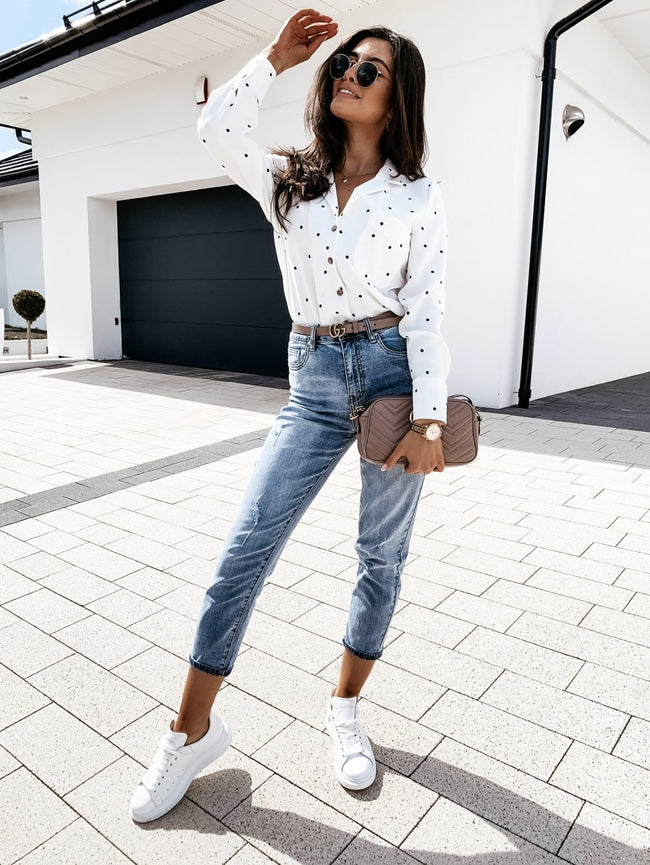 Slim Button Polka Dot Long Sleeve Pocket Shirt Main Image