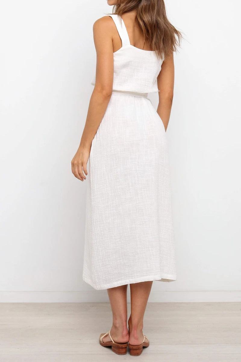 Ladies Loose Casual Solid Color Button Waist Strap Dress